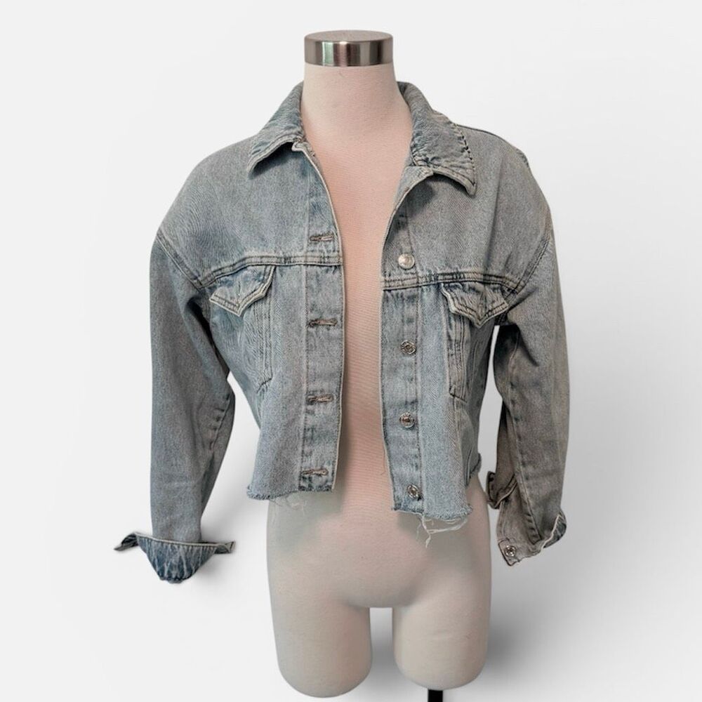 Primark &Denim Medium Wash Distressed Jean Denim Jacket Coat Cropped XS